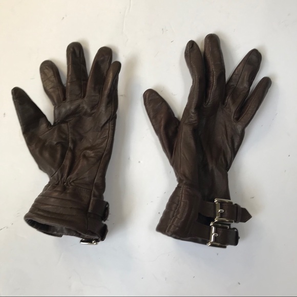 Michael Kors Moto Leather Gloves Buckles Lined Silver Hardware Small Brown Lined - Picture 11 of 11
